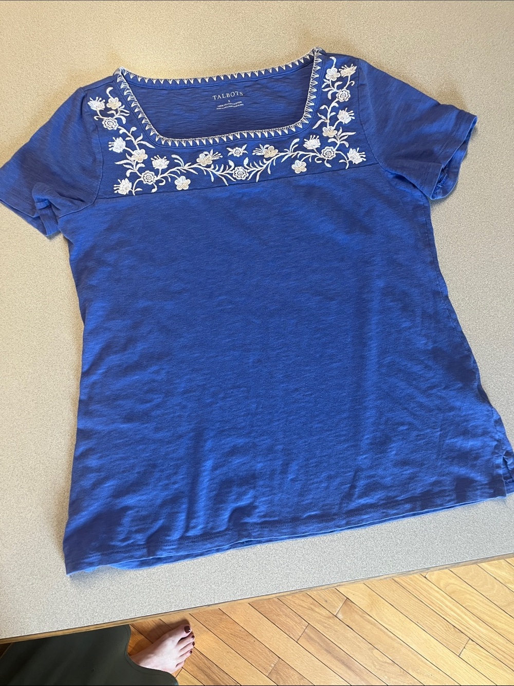 Talbots Cobalt Blue Short-Sleeve Tee with White Floral Embroidery